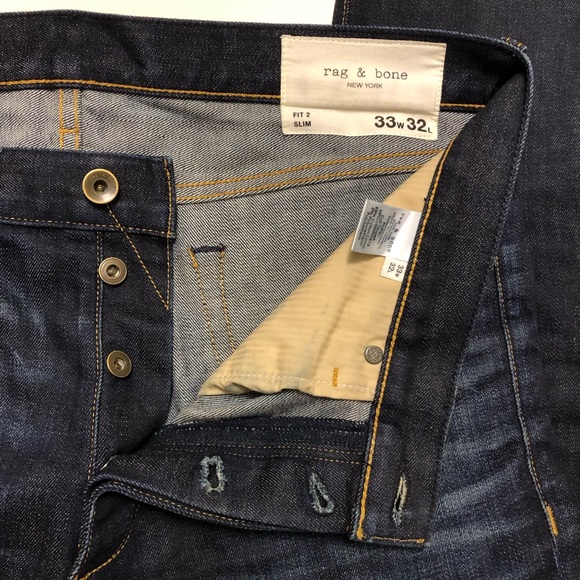 Rag & Bone Fit 2 Slim Fit Dark Medium Wash Button Fly Jeans Men’s Size 33x30 - Picture 7 of 12